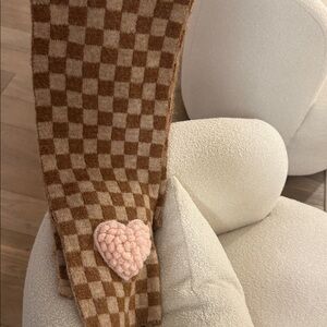 Anthropologie Brown Checkered Scarf with Pink Heart